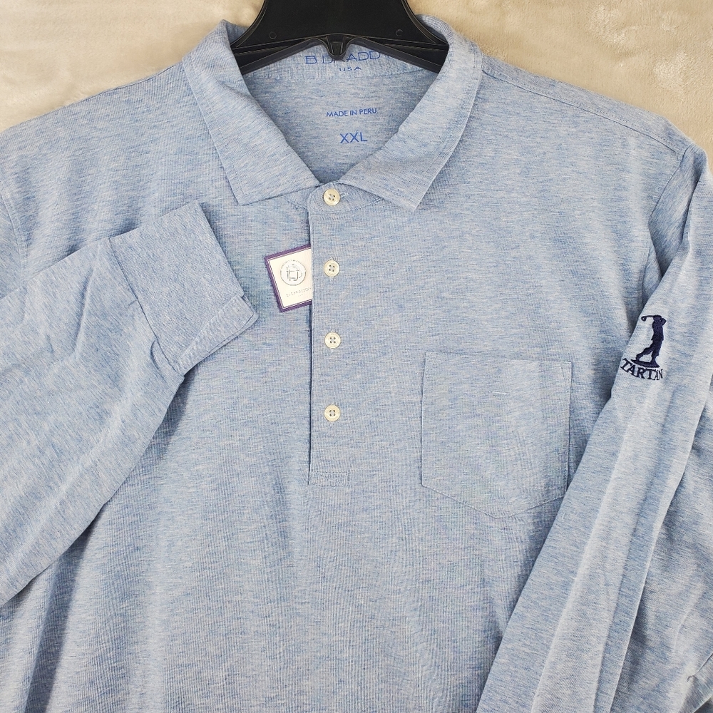 New B. Draddy‎ Long Sleeve Blue Polo Shirt tartan Men’s Size 2XL XXL Pima cotton